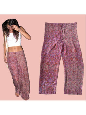Reversible Y2K Boho Beach Pants Pink Orange Print – Wrap Tie Waist